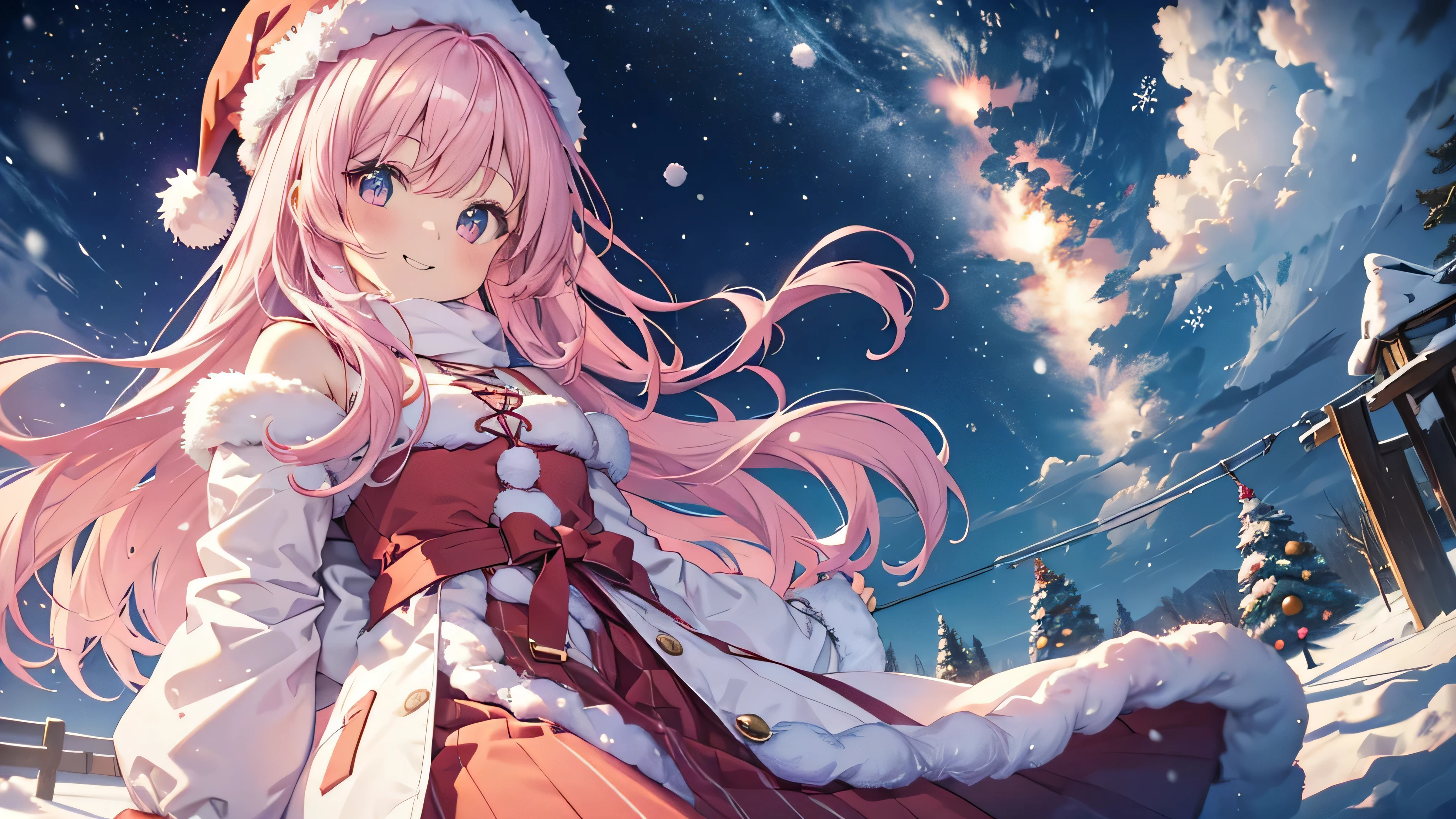  cute anime pink haired girl、 Dynamic、 long hair、( Best Smile 、 Christmas style ,Snow Scene,) angle from below looking at the sky,