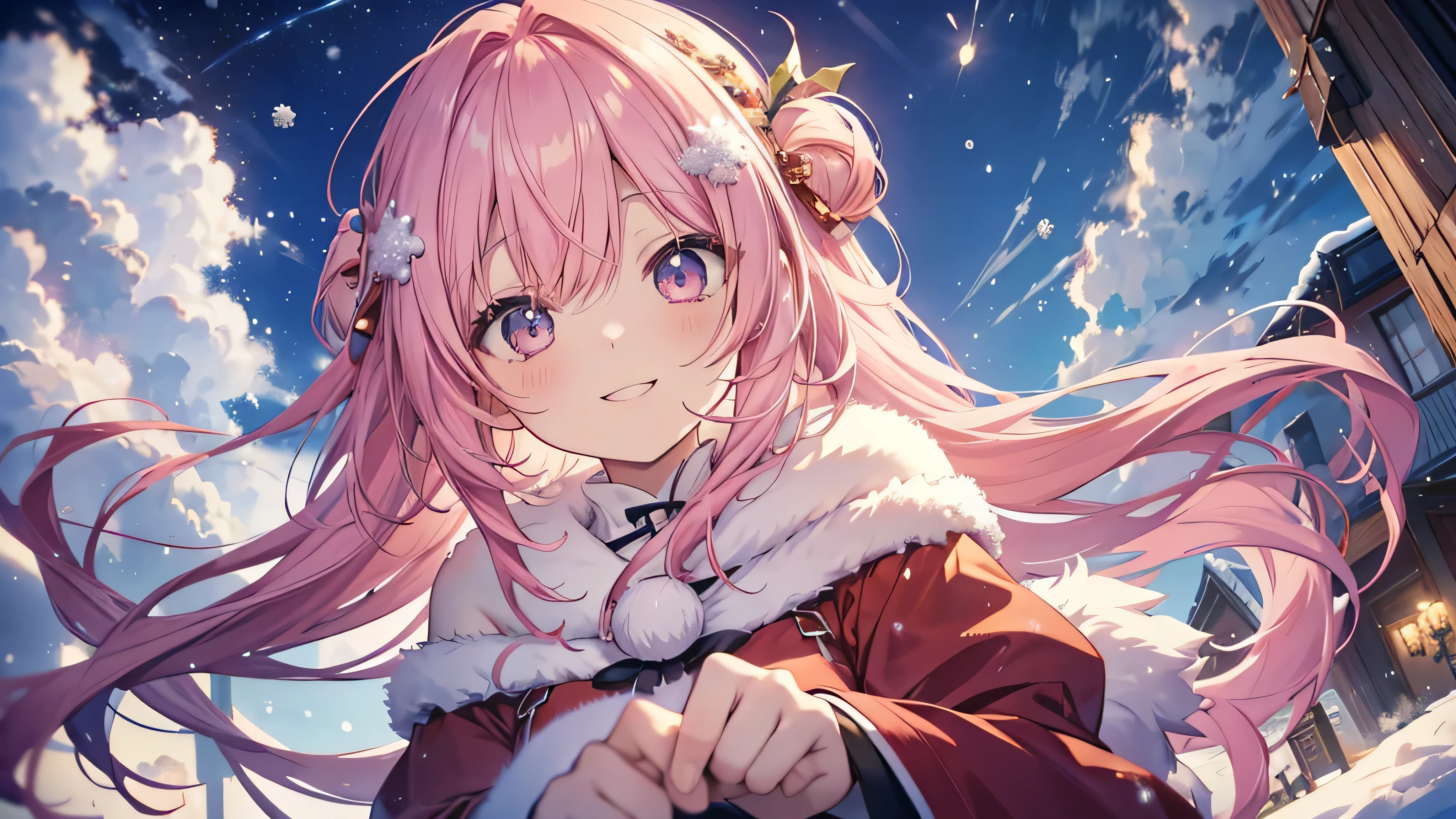  cute anime pink haired girl、 Dynamic、 long hair、( Best Smile 、 Christmas style ,Snow Scene,) angle from below looking at the sky,