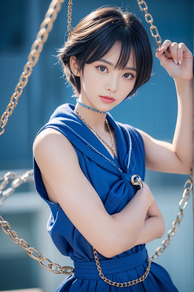 Ami Mizuno, (sailor mercury, neck ribbon, blue hair, short hair, circlet, jewelry, crescent earrings),Short dyed blue hair!!!!!, Short blue hair. Anime girl in a sailor suit, blue boots and a short blue skirt", High resolution!! Sailor Moon by the - moon - girl, Sailor Mercury. beautiful, Sailor Moon, Highly detailed art gems