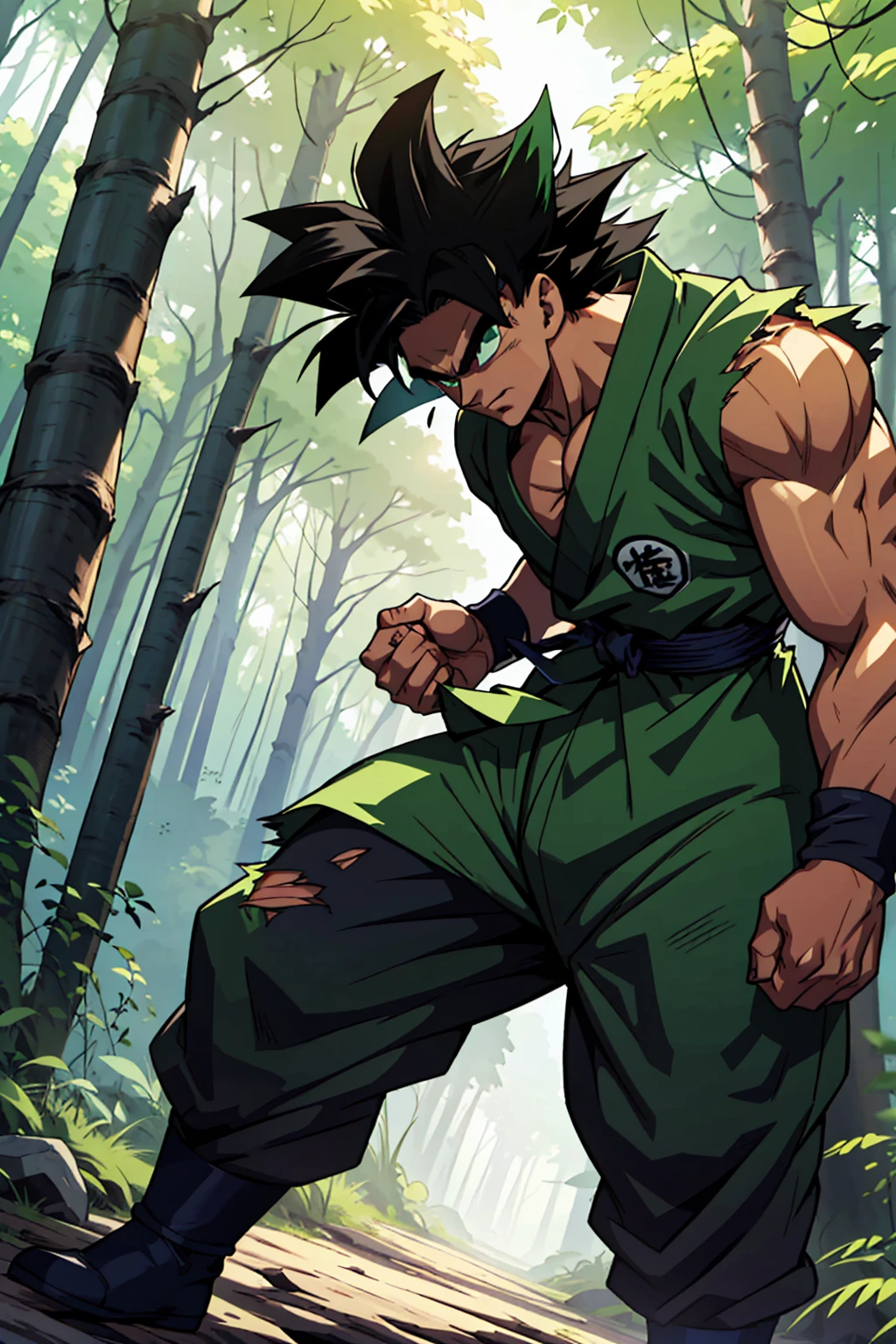 A muscular male anime warrior standing confidently in a lush forest, with spiked black hair styled in a unique, wild pattern, featuring green highlights under the sunlight. His piercing green eyes reflect determination and strength. He wears a battle-worn green gi with black accents, slightly torn at the edges, revealing his toned physique. The gi is tied with a detailed black sash at the waist, and his arms are wrapped with black armbands for a combat-ready appearance. Around him, faint blue-green ki energy radiates subtly, blending with the forest's natural lighting. The background features tall trees with sunlight filtering through, creating a dramatic and serene atmosphere. The art style is inspired by Dragon Ball anime, emphasizing dynamic shading, bold outlines, and vibrant colors. The character exudes power and resilience, perfectly integrating into the Dragon Ball universe