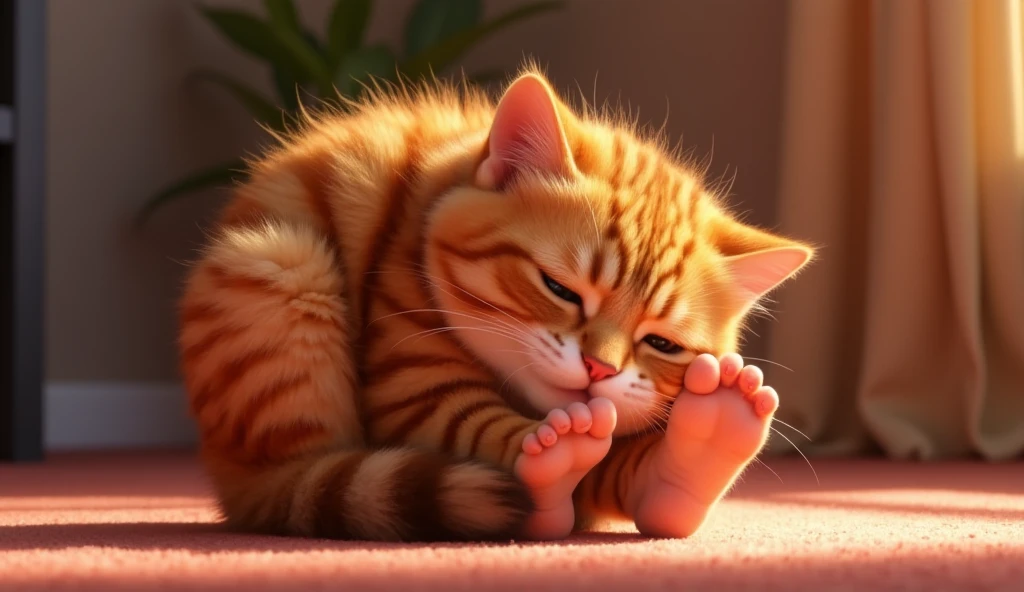 Pixar animated 3D image with vibrant color. Cute fat cat with dark orange fur with straight white stripes. Human feet are visible, with an innocent face he is cuddling on human feet. Situation inside the house.