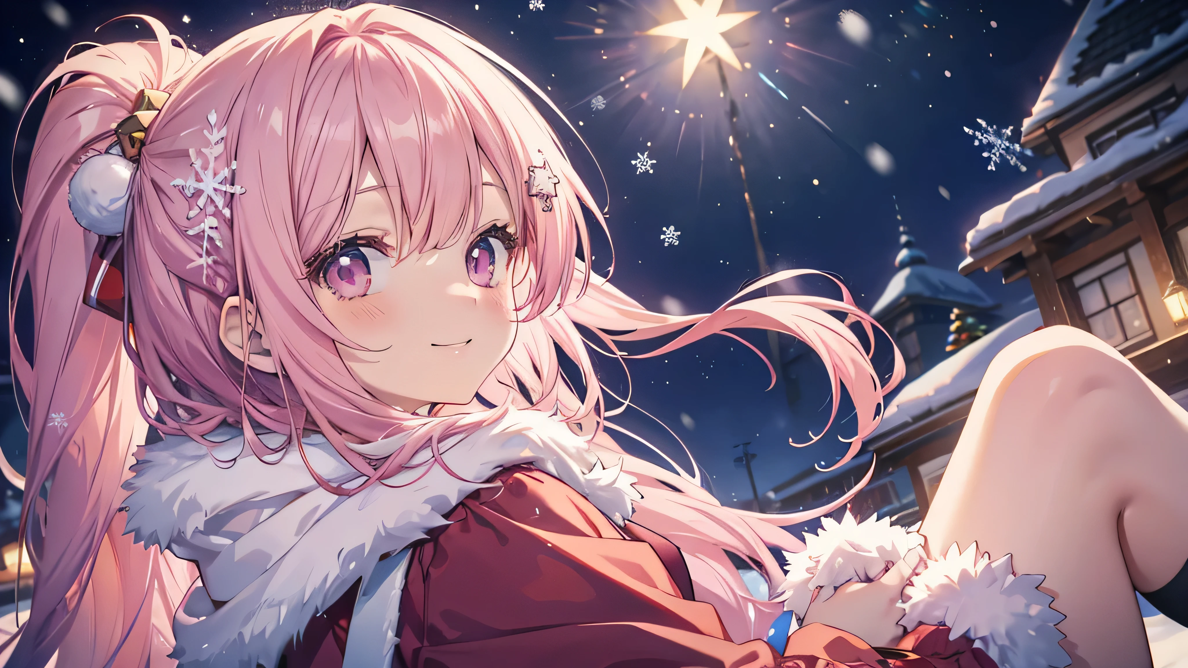  cute anime pink haired girl、 Dynamic、 long hair、( Best Smile 、 Christmas style ,Snow Scene,) side angle,