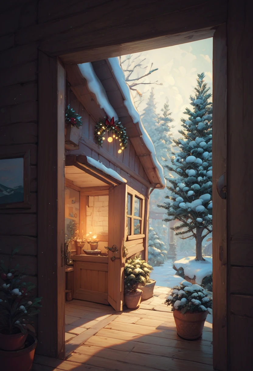 An inviting front porch decorated for Christmas. A wreath with personalized initials hangs on the door, and a pathway lined with glowing lanterns leads to the entrance. Potted Christmas trees and garlands frame the doorway, while snow gently falls, adding to the magical atmosphere.