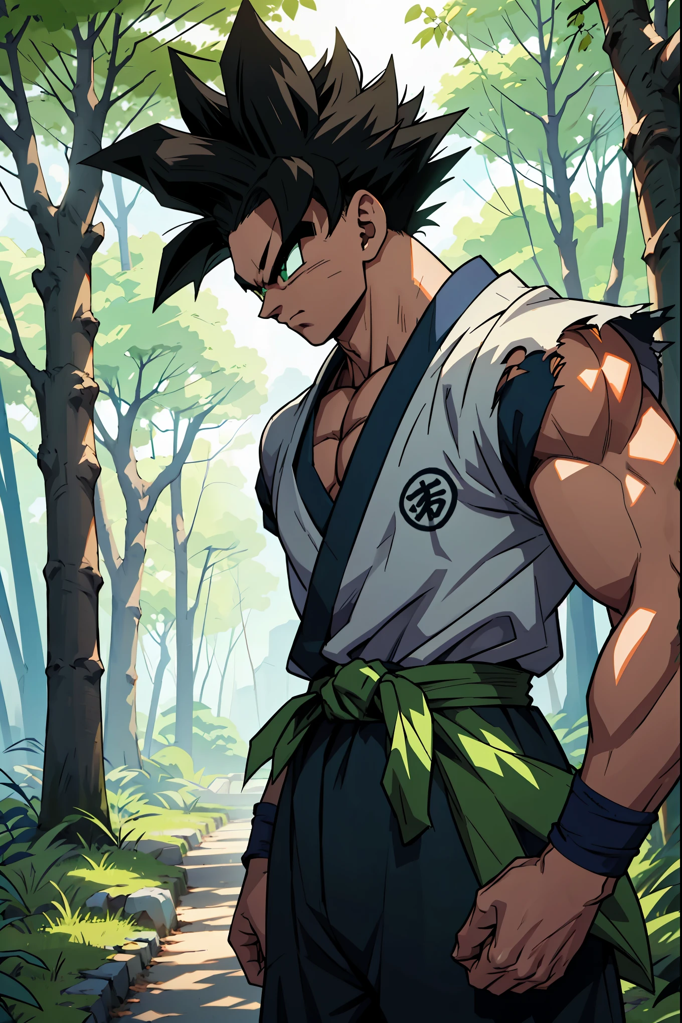 A muscular male anime warrior standing confidently in a lush forest, with spiked black hair styled in a unique, wild pattern, featuring green highlights under the sunlight. His piercing green eyes reflect determination and strength. He wears a battle-worn green gi with black accents, slightly torn at the edges, revealing his toned physique. The gi is tied with a detailed black sash at the waist, and his arms are wrapped with black armbands for a combat-ready appearance. Around him, faint blue-green ki energy radiates subtly, blending with the forest's natural lighting. The background features tall trees with sunlight filtering through, creating a dramatic and serene atmosphere. The art style is inspired by Dragon Ball anime, emphasizing dynamic shading, bold outlines, and vibrant colors. The character exudes power and resilience, perfectly integrating into the Dragon Ball universe