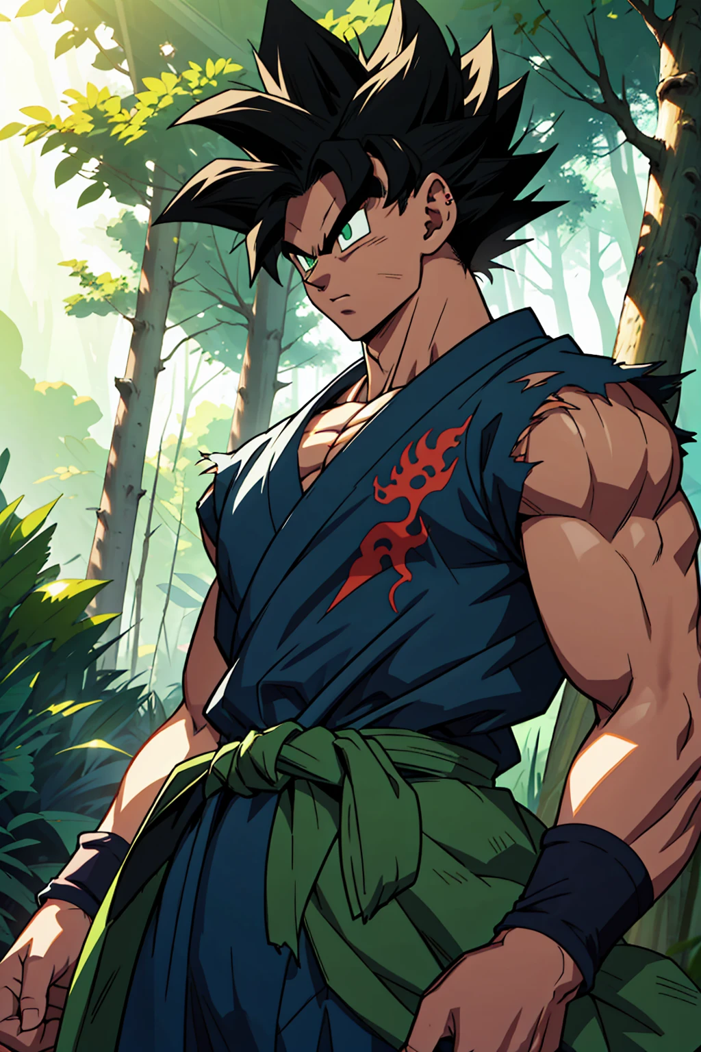 A muscular male anime warrior standing confidently in a lush forest, with spiked black hair styled in a unique, wild pattern, featuring green highlights under the sunlight. His piercing green eyes reflect determination and strength. He wears a battle-worn green gi with black accents, slightly torn at the edges, revealing his toned physique. The gi is tied with a detailed black sash at the waist, and his arms are wrapped with black armbands for a combat-ready appearance. Around him, faint blue-green ki energy radiates subtly, blending with the forest's natural lighting. The background features tall trees with sunlight filtering through, creating a dramatic and serene atmosphere. The art style is inspired by Dragon Ball anime, emphasizing dynamic shading, bold outlines, and vibrant colors. The character exudes power and resilience, perfectly integrating into the Dragon Ball universe