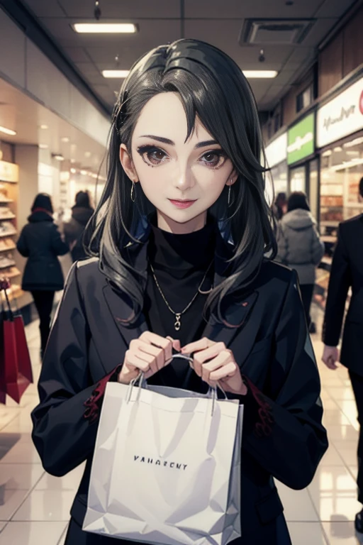 calm smile,wearing latest winter fashion,looking at viewer,focus face,shopping