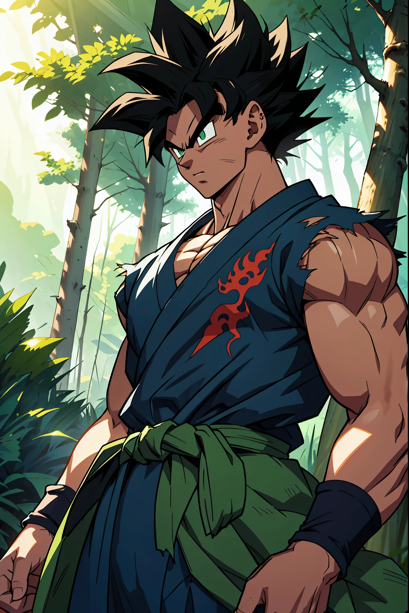 A muscular male anime warrior standing confidently in a lush forest, with spiked black hair styled in a unique, wild pattern, featuring green highlights under the sunlight. His piercing green eyes reflect determination and strength. He wears a battle-worn green gi with black accents, slightly torn at the edges, revealing his toned physique. The gi is tied with a detailed black sash at the waist, and his arms are wrapped with black armbands for a combat-ready appearance. Around him, faint blue-green ki energy radiates subtly, blending with the forest's natural lighting. The background features tall trees with sunlight filtering through, creating a dramatic and serene atmosphere. The art style is inspired by Dragon Ball anime, emphasizing dynamic shading, bold outlines, and vibrant colors. The character exudes power and resilience, perfectly integrating into the Dragon Ball universe