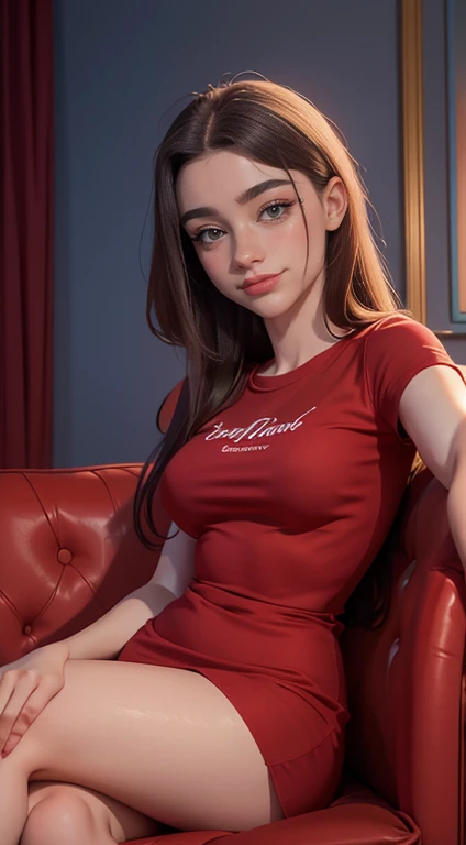 Foto hiper-realista de close-up de Dasha Taran usando vestido de camiseta vermelha, sentado na poltrona, lindas pernas, pose sexy, Hotel Lounge, Mulher bonita, magrelo, medium breasts, cabelo curto preto (cabelo bob:1.2), rosto detalhado, sorriso, Facing the camera, photo taken from a distance, idade de 18 anos