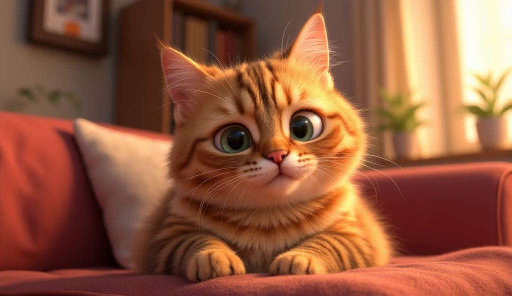 Pixar animated 3D image with vibrant color. Cute fat cat with dark orange fur with straight white stripes. Climbing the sofa in the living room. Situation inside the house.