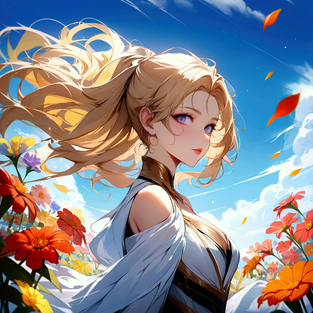 (best quality, masterpiece), 1girl, pose, particle, wind, flower, upper body, sky background, looking at the viewer, focus on the face, blonde, superior beauty, beautiful woman, celestial beauty, sunny weather, colorful flowers, spectacular scenery.CyberRealistic_Negative_PONY