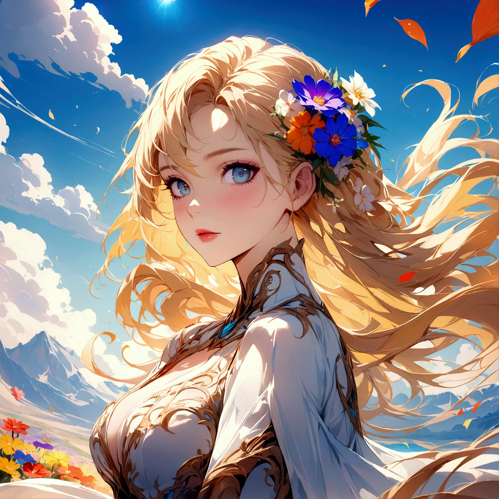 (best quality, masterpiece), 1girl, pose, particle, wind, flower, upper body, sky background, looking at the viewer, focus on the face, blonde, superior beauty, beautiful woman, celestial beauty, sunny weather, colorful flowers, spectacular scenery.CyberRealistic_Negative_PONY