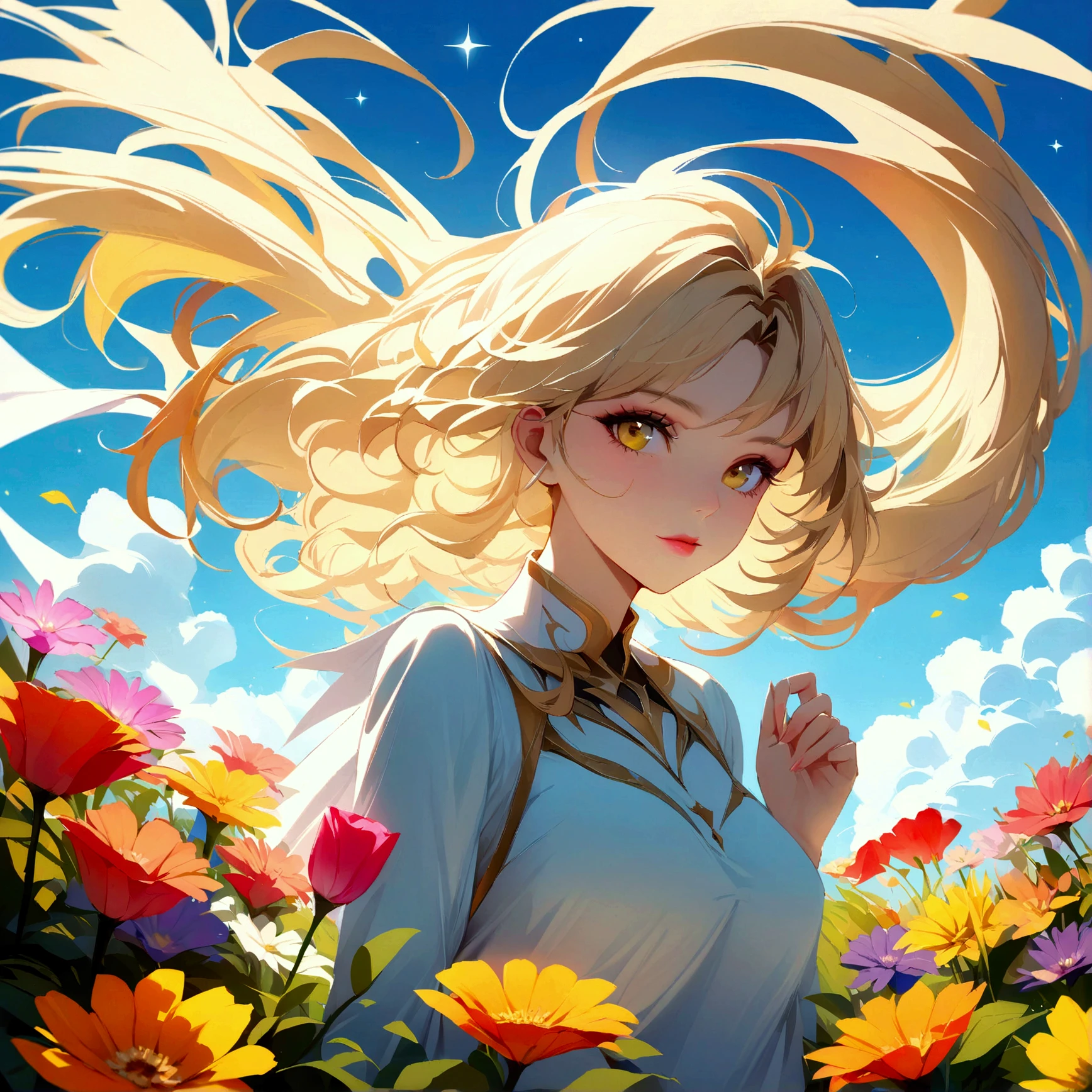 (best quality, masterpiece), 1girl, pose, particle, wind, flower, upper body, sky background, looking at the viewer, focus on the face, blonde, superior beauty, beautiful woman, celestial beauty, sunny weather, colorful flowers, spectacular scenery.CyberRealistic_Negative_PONY
