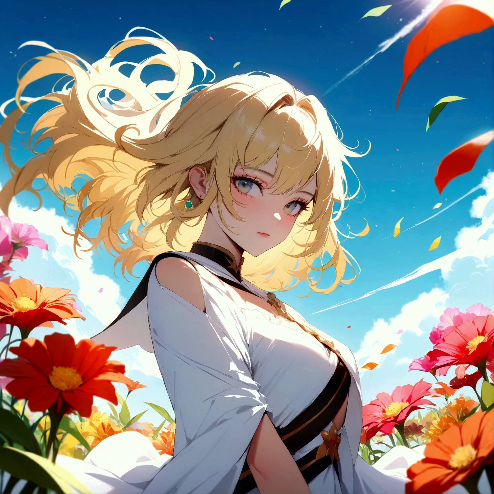 shs,(best quality, masterpiece), 1girl, pose, particle, wind, flower, upper body, sky background, looking at the viewer, focus on the face, blonde, superior beauty, beautiful woman, celestial beauty, sunny weather, colorful flowers, spectacular scenery.CyberRealistic_Negative_PONY