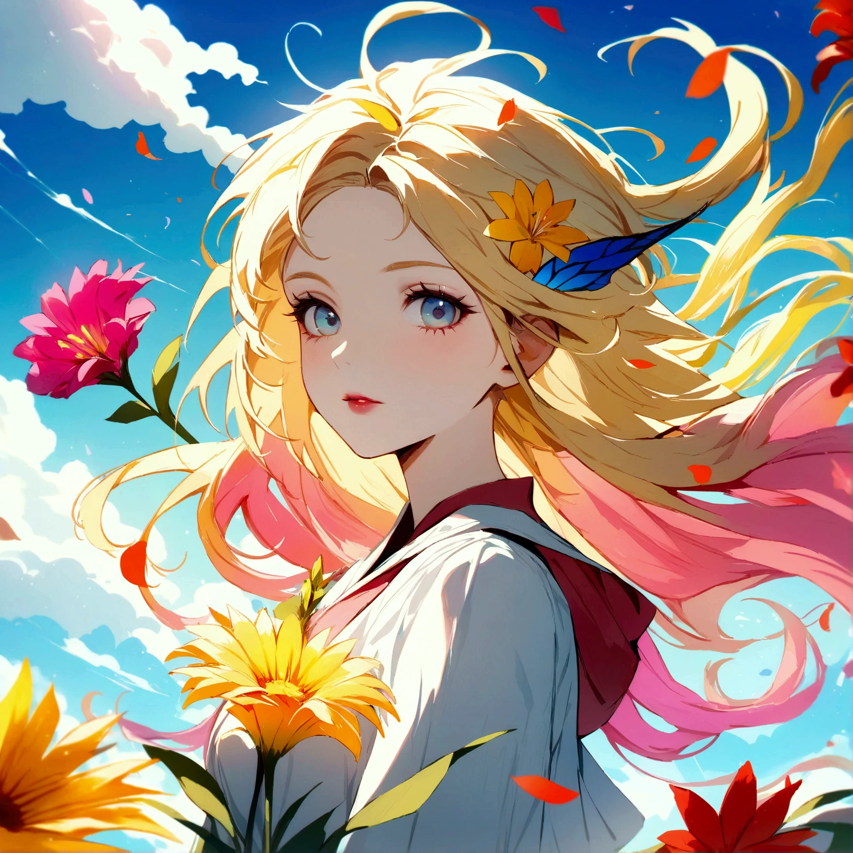 shs,(best quality, masterpiece), 1girl, pose, particle, wind, flower, upper body, sky background, looking at the viewer, focus on the face, blonde, superior beauty, beautiful woman, celestial beauty, sunny weather, colorful flowers, spectacular scenery.CyberRealistic_Negative_PONY