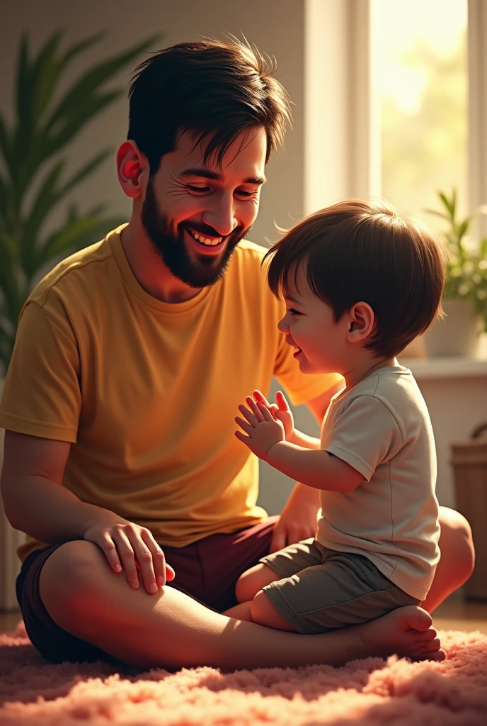 The training of truth: A father teaching his child the importance of telling the truth, a clean room in the background, the father&#39;s gentle smile and the child&#39;s focus.