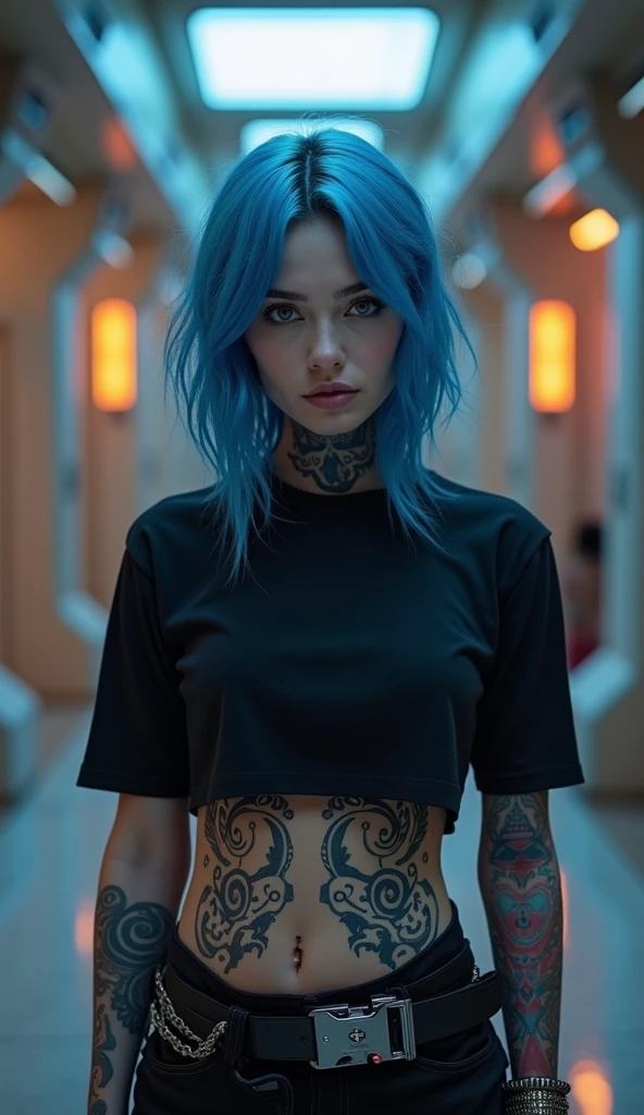1girl, beautiful biracial woman with blue hair, blue eyes, extremely detailed full body, inside building covered by climbing plants, post-apocalyptic universe, survivor dirty clothes, large breasts, machete on back, crouching behind box and hiding, zombie infected by mushrooms behind, (best quality,4k,8k,highres,masterpiece:1.2),ultra-detailed,(realistic,photorealistic,photo-realistic:1.37),concept art,atmospheric lighting,cinematic composition,muted color palette,gritty and grim ambiance