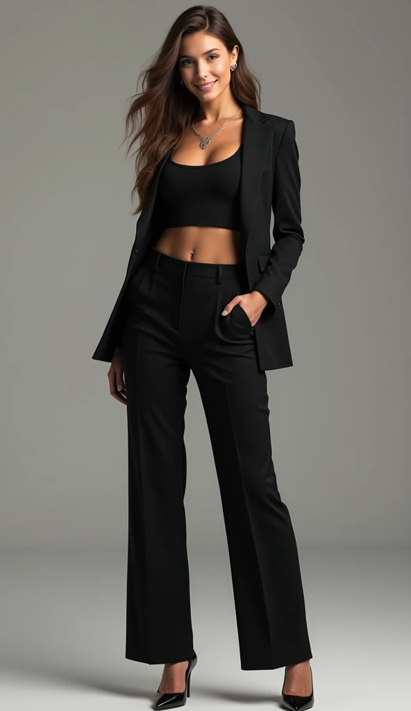 <lora:rudev_Chic:0.7>, sport chic,  woman taking selfies, black suit, black shoes, décolletage, long hair, bedroom in background, real lighting, real shadows