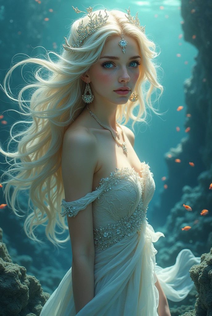 Beautiful mermaid with white hair, inside the sea, with red top and pink tail ( Extremely aesthetic image)