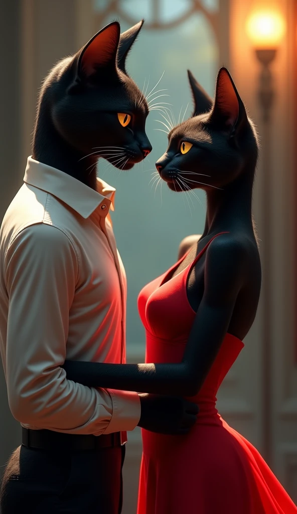 A black muscular cat, dressed in stylish clothes, enters the party. She sees the white cat whom sexy dress and decides to win her over. The black cat approaches the white cat and tries to talk to her, but the white cat doesn't fall for her advances.