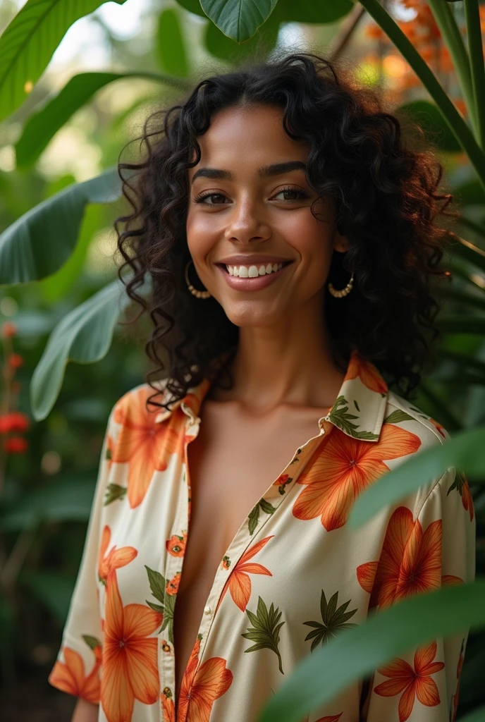 A Brazilian woman in a lush tropical garden, wearing an open shirt with a floral print, with a close-up capturing the harmonious beauty between her breasts and the natural flowers, showing off your natural charm and outgoing personality.