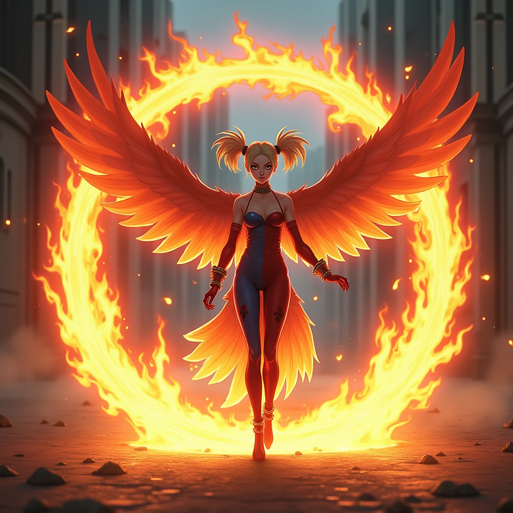 1girl, harpy, feathers, giant fire flame wings, (close-up), near a beautiful fountain, beautiful park, intricate, detailed, cinematic, 4k