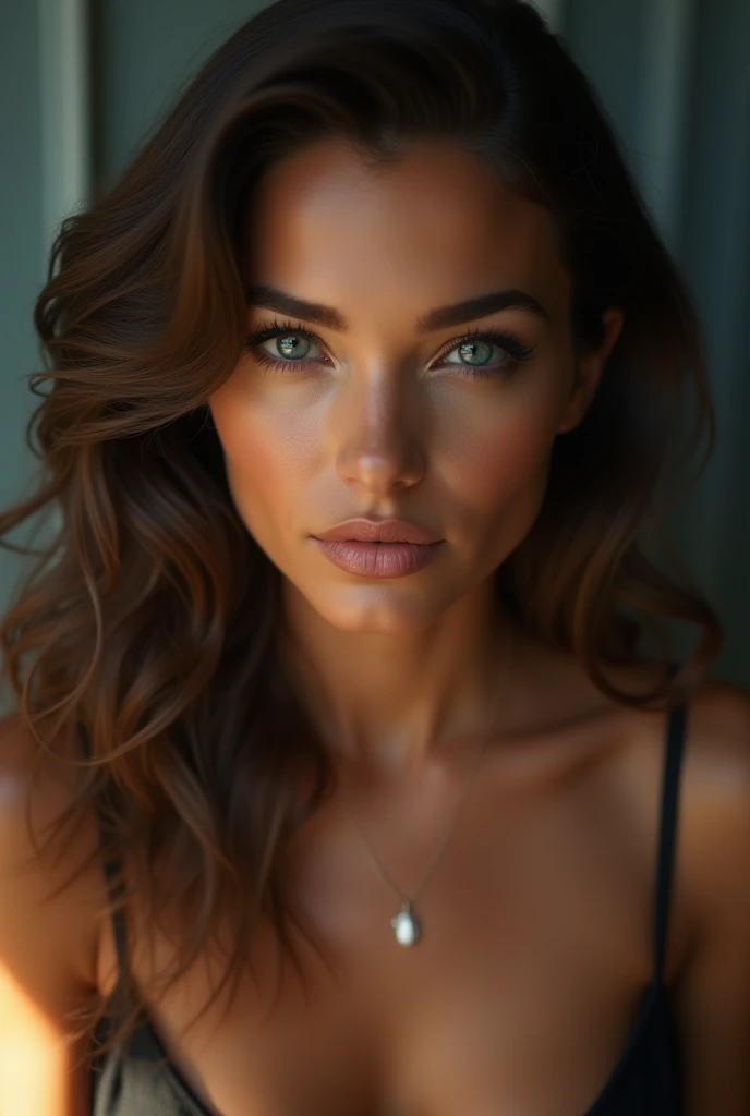 Brune, photo realiste, yeux clair, medium sized chest, Sexy French.