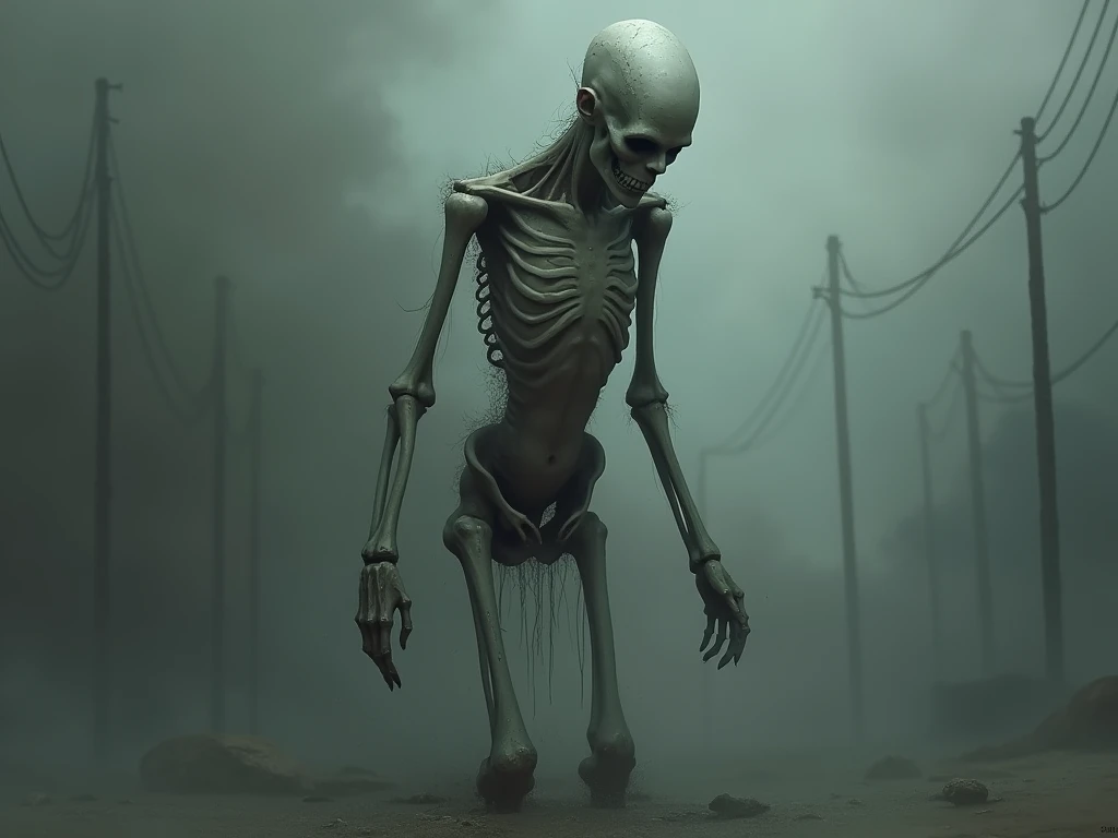 A skeletal woman, with long hair, dissected body, with the old and torn shed, standing in the middle of the deserted street, Nevoa.