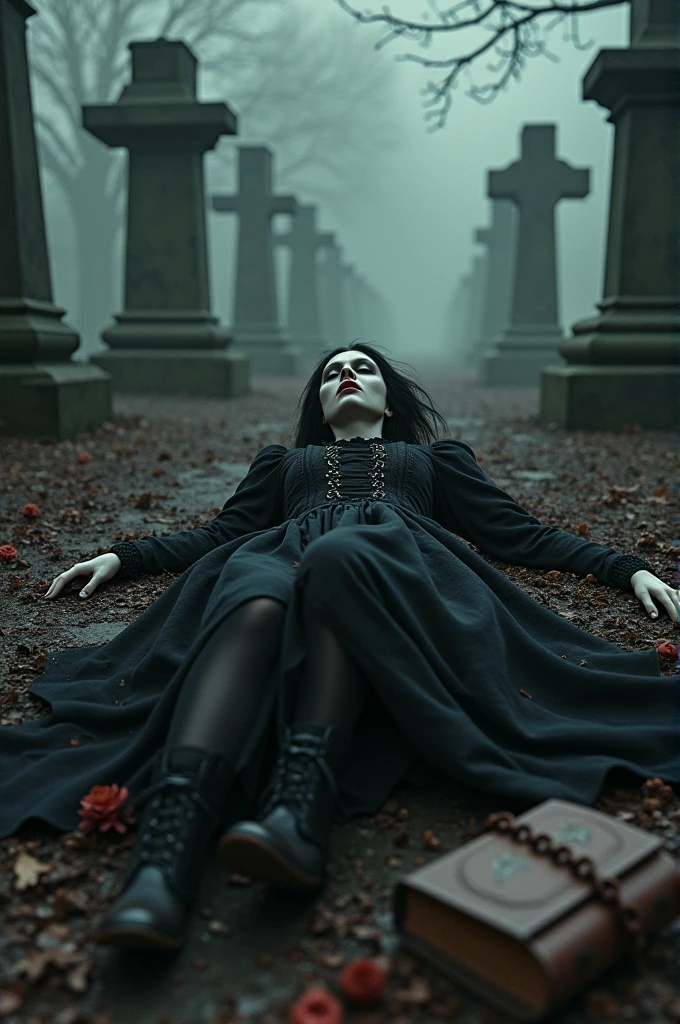 painting of a agonized madame bovary after consuming poison , body laid out on ground dramatically , victorian era clothing, gothic terror, smeared dream like black background, in the style of nicola samori