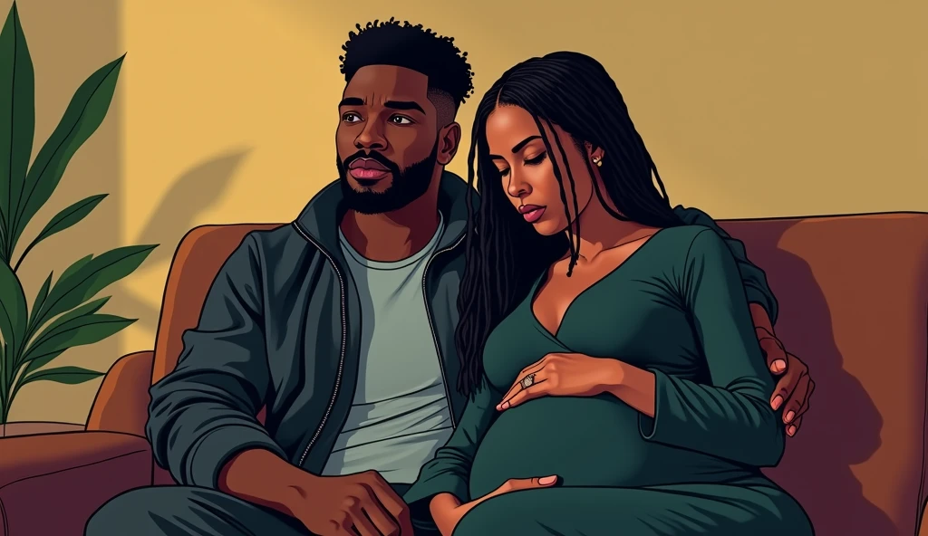 a brown woman, not so thin, with a bun in your hair, of coasts sitting meditating, the night, with an ELDERLY black grandfather by his side, shorth hair, in a white shirt and pants, pipe, he with his hand on her shoulder guiding her