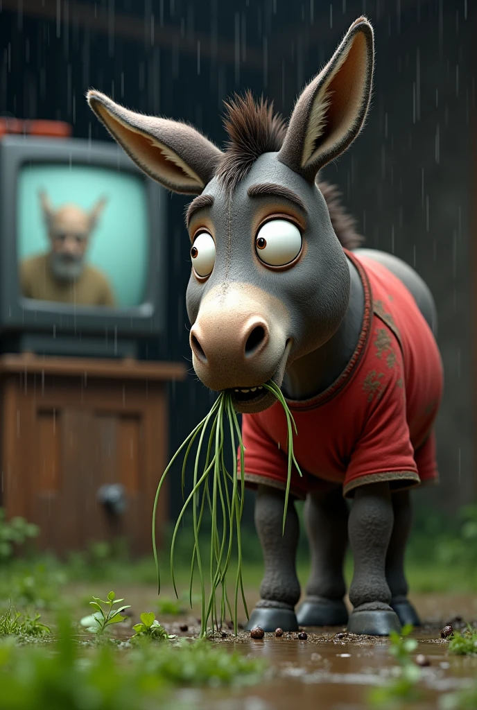 donkey,dirty with mud,eating grass ,Mouth full of grass ,in a red shirt,eating grass ,Rainy day,Living in a Barraco,I watch an old man on TV.