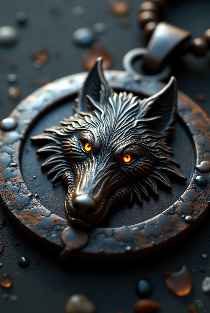 there is a wooden inverted pentagram necklace with a metal wolf head on it, wolf pedant, fenrir, close up shot of an amulet, slavic dog head man, made of intricate metal and wood, alpha wolf head, portrait shot, rendered in keyshot, by Adam Marczyński, fantasy wolf portrait, rendered art, wolf head, detailed portrait shot, no depth of field,