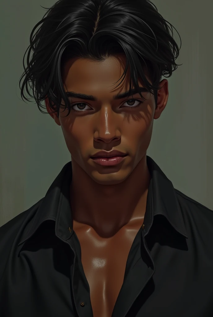 Boy,shirtless, brown skin, long straight hair,4k, goth