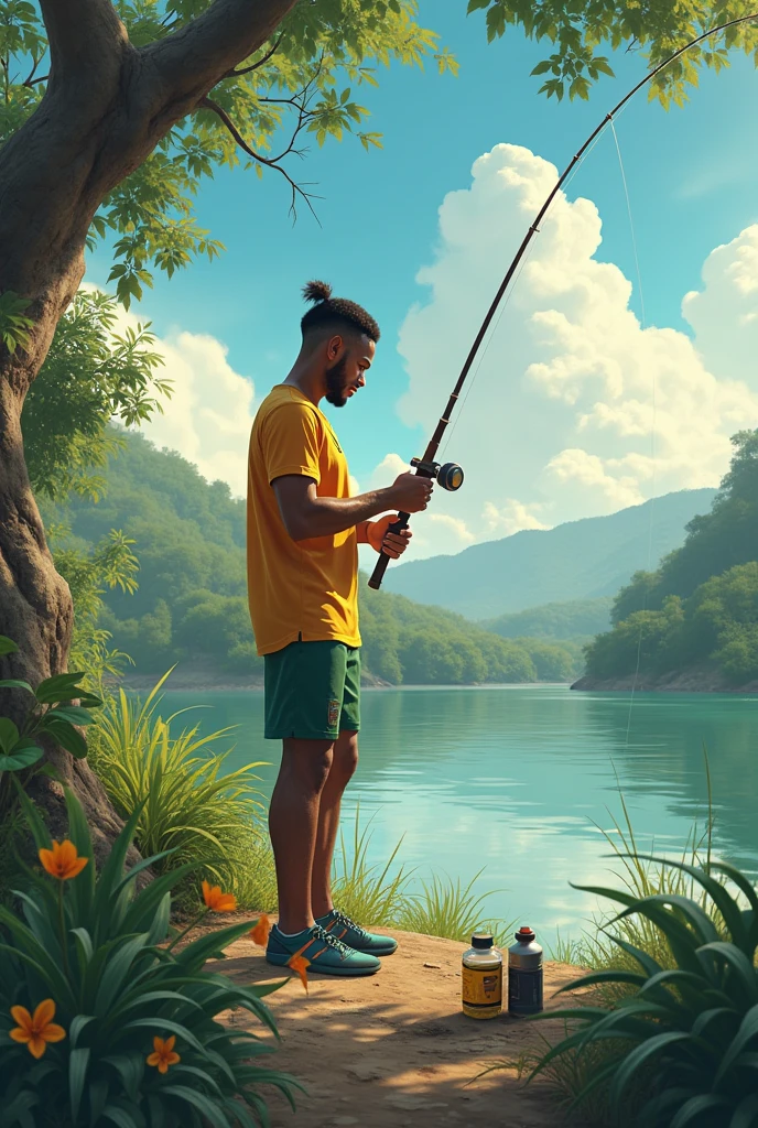 A fisherman clipart without clothes half way in the water,  stands in water and water is to his chest, and fishing. The fisherman stands 90 degree on teh side and non facing  to camera. The water is very clear can see everything. The water is higy to his chest. His shoulder is under the water.