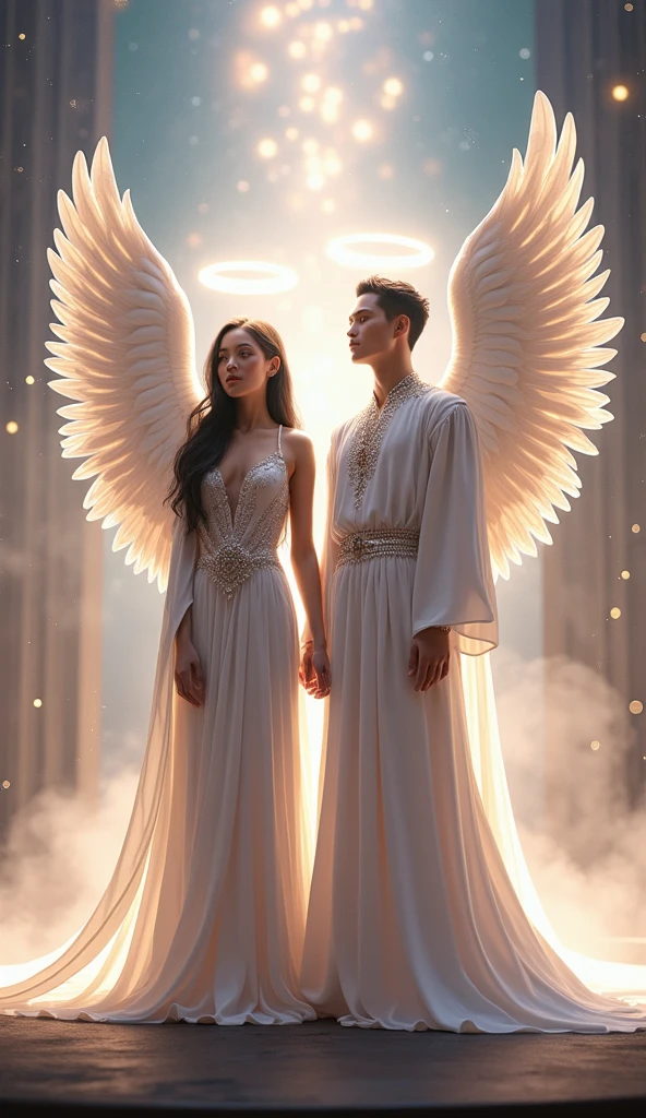 Couple Photo, fullbody, full body,A group photo of angel and devil, capturing high-definition details, realistic color expression, delicate transitions of light and shadow effects, sharp and clear focus areas, natural and realistic environmental lighting, prominent texture of different materials, and distinct depth of field effects, ultimately presenting a realistic photo style painting, (masterpiece, best quality:1.2),8K, extremly detailed