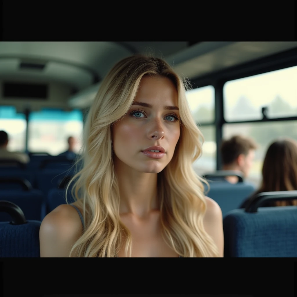 RAW photo, 20 year old Brazilian woman, blonde balayage, long hair, medium size chest, (soft backlight), realistic, masterpiece, top quality, lens flare, best shadow, photorealism, hyperrealism, wearing casual dress conservative summer, realistic human being, standing on bus