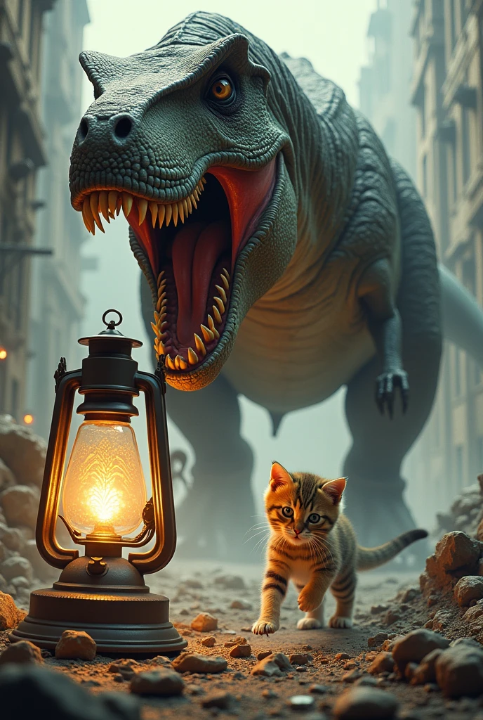 A dinosaur chasing a sad kitten. Is the dinosaur a giant t-rex.Is the dinosaur about to eat the kitten! But the kitten found a lamp on the floor and picked up the lamp 