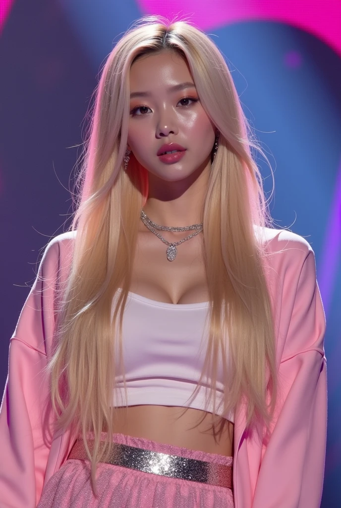 un primer plano de una mujer con el pelo largo y rubio con un top rosa, Parque Roseanne de Blackpink, portrait of Jossi de Blackpink, long glowing ethereal hair, Lalisa Manobal, Lalisa Manoban de Blackpink, Blackpink Jennie, Jossi de Blackpink, Tendencias en CGVatstation, con el pelo largo y blanco, con cabello largo y rubio