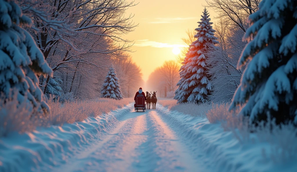 looking down a long snow covered country lane, with snow-covered trees lining the lane and a soft, golden glow from the setting sun casting a magical light over the landscape. Santa rides his sleigh with reindeers far in the distance, adding a sense of depth and wonder to the scene.