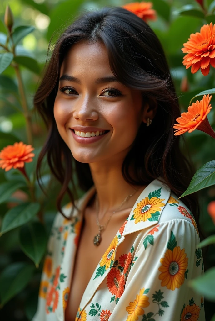 A Brazilian woman in a lush tropical garden, wearing an open shirt with a floral print, with a close-up capturing the harmonious beauty between her breasts and the natural flowers, showing off your natural charm and outgoing personality.