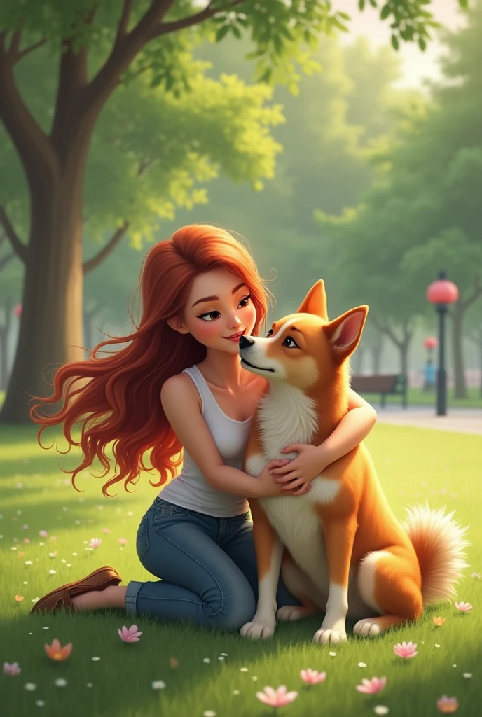 red haired pretty girl holding a puppy