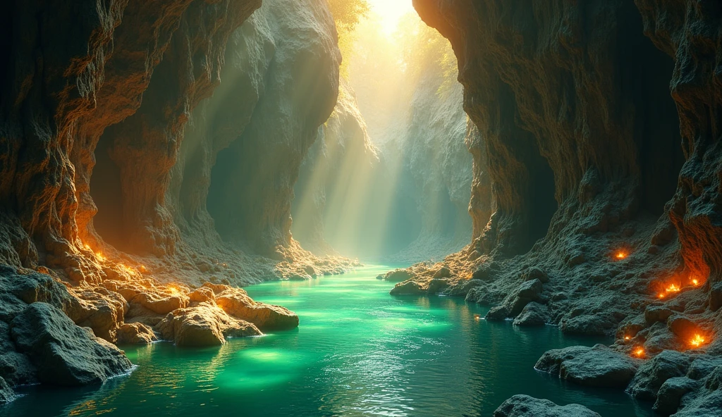 "A mystical canyon filled with glowing crystals embedded in the walls, an emerald river flowing gently through it, and golden sunlight streaming down from a narrow opening above, ultra-realistic textures, 8K resolution."
