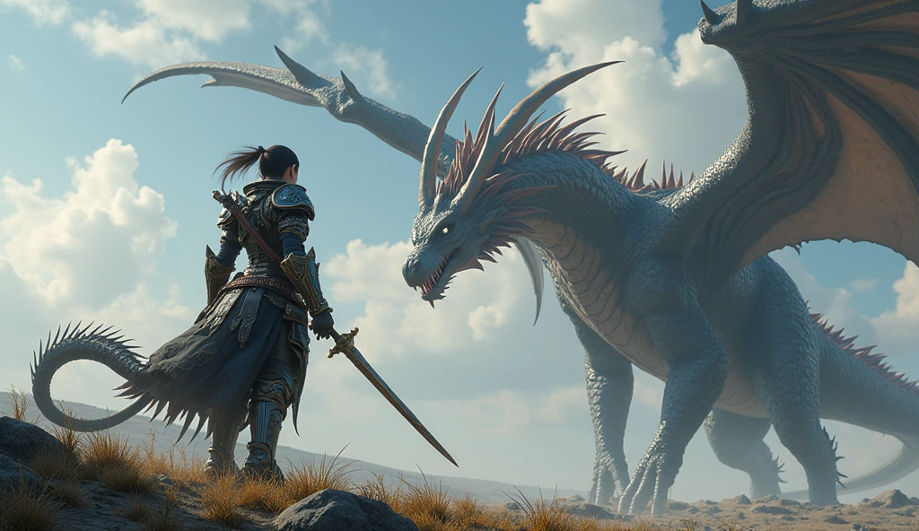 create a 4k image with the logo "Monster Hunter 3U " written on it a Slayer wearing armor made from monster items, She carries a Long Sword and confronts a great Dragon.