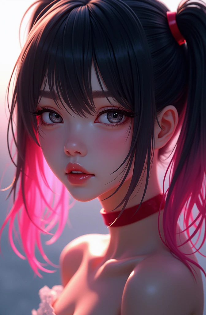 (highest quality:1.2, Very detailed, up to date, Vibrant, Ultra-high resolution, High Contrast, masterpiece:1.2, highest quality, Best aesthetics), Portraiture、girl、singer、Bright colors、Beautiful fine details、Beautiful lip detail、midium wave hair、red and white ((streaked hair:1.6)), highlights hair: 1.5, red eyes, slim body, middium breast, (tan skin:1.1), ((Wrapping a bath towel around naked body after taking a bath:1)), soft and thick bath towel, living room, (Floral Fineline tattoo design on left arm:1),, (cowboy shot:1),