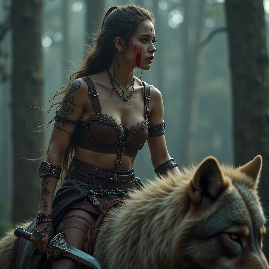 cinematic film still, light-dark contrasts, analog, film grain, (beautiful elf woman), brown hair, 25 years old, feminine body, large round breasts, walking together with a large white wolf, (sword covered in blood), (blood:1.9), (makeup, eyeshadow, eyelashes), long straight hair, blue eyes, long elf ears, wearing navy blue elven armor with silver plating, dynamic pose, pale skin, confident, (ruined frozen city), holding a sword<lora:add-detail-xl:1> <lora:aesthetic_anime_v1s:0.8> <lora:AnalogRedmondV2-Analog-AnalogRedmAF:1>