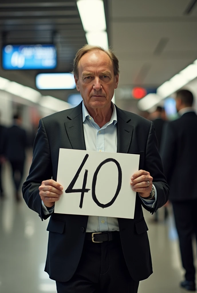a realistic picture of a man holding a sign that says "professional subtitles"