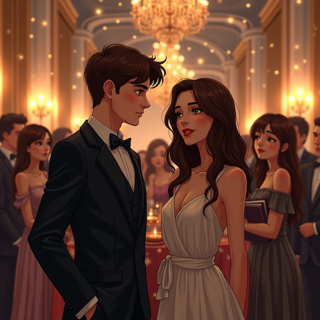 (masterpiece:1.5), (best quality:1.4), (hyper-detailed anime:1.3), (anime style:1.3), (hyperrealism:1.2), (modern high-society party:1.2), (elegant ballroom:1.1), (two people conversing:1.3), (formal attire:1.1), (champagne glasses:0.9), (ambient lighting:1.0), (chandelier:0.8), (other guests in background:0.7), (anime woman:1.2), (5'8" tall:1.0), (long straight brown hair:1.1), (curvy body:1.1), (toned physique:1.0), (large green eyes:1.2), (elegant dress:1.0), (anime man:1.2), (6'5" tall:1.1), (extremely handsome:1.2), (short black hair:1.0), ( very muscular build:1.1), (strong jawline:1.2), (intense blue eyes:1.2), (tuxedo:1.0), (intimate conversation:1.1), (slight smile:1.0), (eye contact:1.2), (soft focus background:0.9), (glamorous atmosphere:1.1), (vibrant colors:1.0), (detailed shading:1.1), (fine line art:1.0)