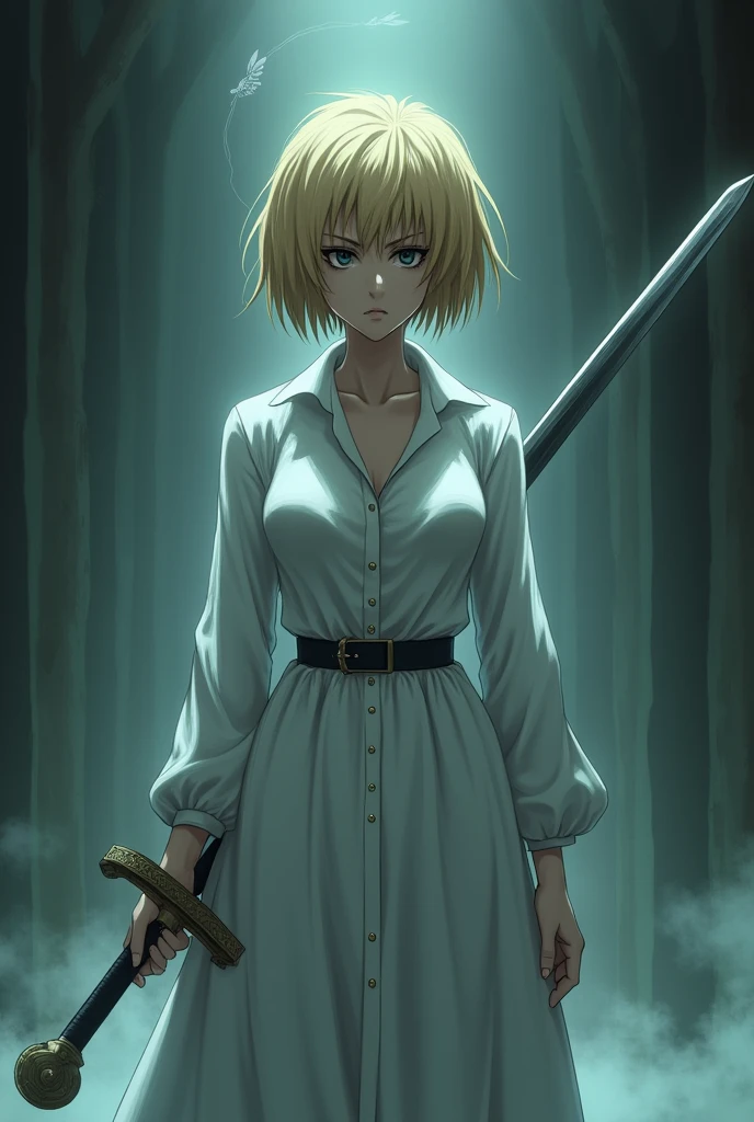 cinematic film still of <lora:BB_Reika Kitami:1>
in her hand, staring at something with profile view, stabding someone, bloody blade, blue eyes,blonde hair,1boy,weapon,male focus,teeth,sword,2boys,blood,blood splatter ,blonde hair, short hair, blue_eyes, nerd, eroge,anime,manga,nsfw,cartoon,Adult animation,explicit,Original video animation, Baiburu Burakku style, Bible Black style, shallow depth of field, vignette, highly detailed, high budget, bokeh, cinemascope, moody, epic, gorgeous, film grain, grainy