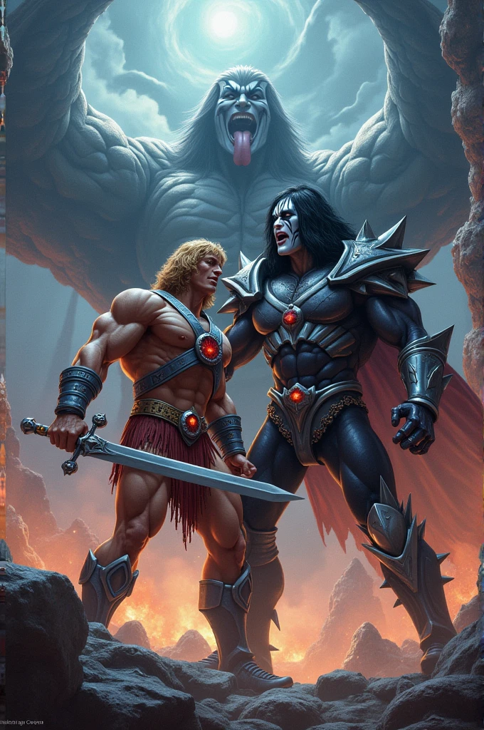 Ultra realistic, He-Man is a superhero and main protagonist of the franchise of swords and planets Masters of the Universe, 01 homeem, barbarian, raising his sword in front of the castle of Castle Grayskull, with lightning coming out of his sword, showing an air of fury next to his great enemy, the Ultra detailed and ultra realistic skeleton