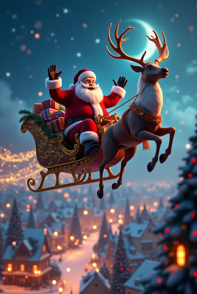 highly detailed, dynamic, cinematic, stunning, realistic lighting and shadows, vivid, vibrant, octane rendering, Unreal Engine, highly detailed, concept art, realistic, cry engine, (dramatic, grainy, intense: 1.4), highest quality, 32k uhd, incredibly detailed, intricately detailed, ultra detailed, ultra high quality, high detail, ultra detailed, masterpiece, A magical 3D Disney-style animation scene of (huge muscular Santa Claus) riding his sleigh, pulled by eight majestic reindeer, soaring high across a starry Christmas Eve sky. huge muscular Santa, dressed in his classic red suit and hat, waves cheerfully as he prepares to deliver presents to ren around the world. The sleigh sparkles with golden magic dust trailing behind, adding a whimsical glow to the scene. Below, a picturesque town is beautifully decorated with festive Christmas lights, with rooftops and trees shimmering in warm colors. The streets are bustling with tiny glowing details of families celebrating indoors. The night