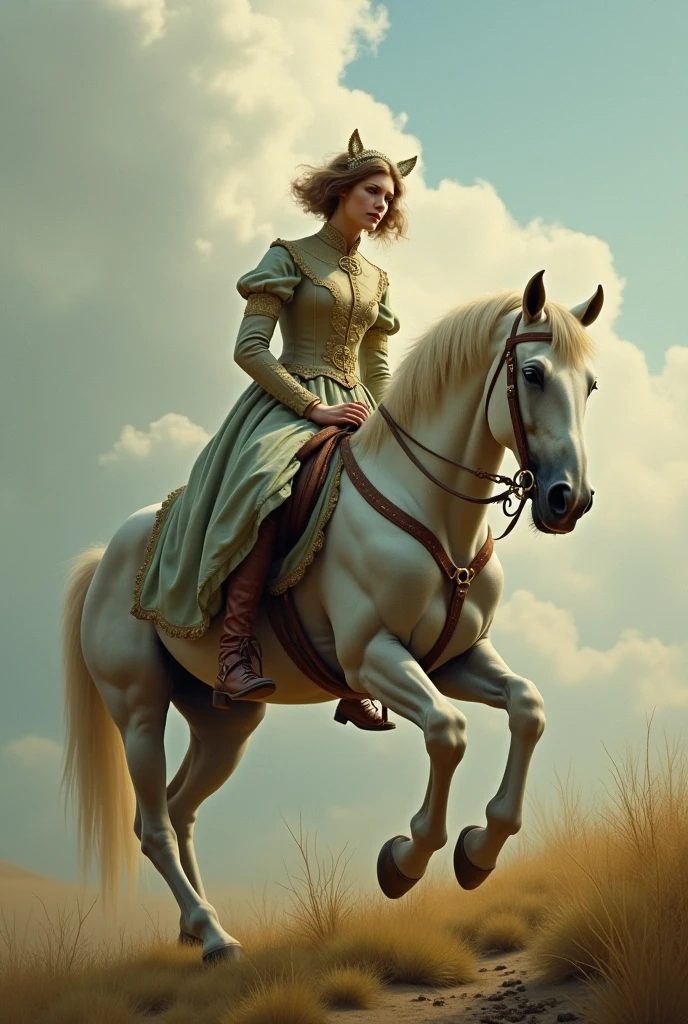 (Best Quality, tmasterpiece: 1.1), Lady on horseback, illustartion, improvisation, Complicated details, chilling, excitement, Hyper-realistic, insanely detailed, ((Стиль Jean Delville)), --AR 3:4 --s 750